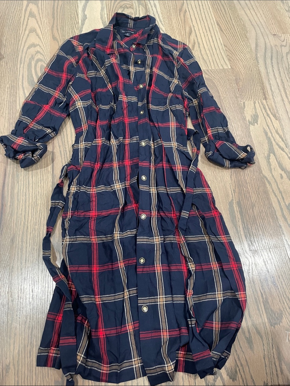 Tommy Hilfiger Navy, Red and Tan Plaid Midi Shirt Dress